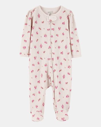 Baby Girl Floral 2-Way Zip Waffle Knit Sleep & Play Pajamas - Khaki, 