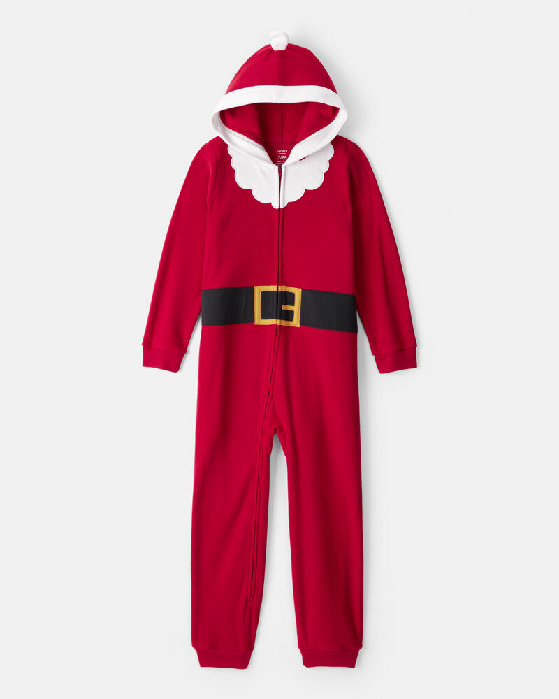 Kid Santa Loose Fit Long-Sleeve Zip-Up 1-Piece Pajamas - Red, image 1 of 2 slides