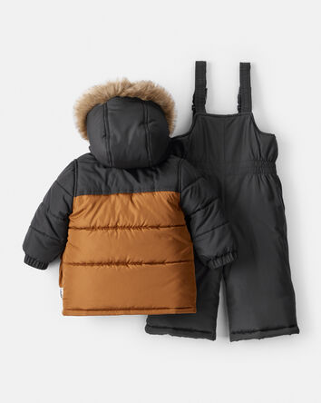 Baby Boy 2-Piece Color Block Hooded Snowsuit Jacket & Bib Set - Brown/Black, 