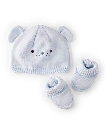Baby 2-Piece Puppy Crochet Booties & Hat - Blue , 