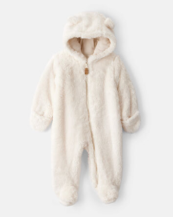 Baby Sherpa Hooded Long-Sleeve Jumpsuit - White, 