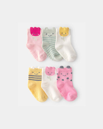 Baby Girl 6-Pack Floral Critter Socks - Pink/Yellow, 