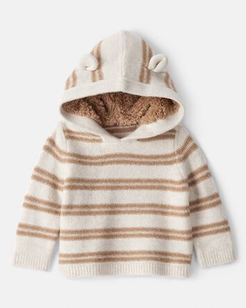 Baby Stripe Sweater with Teddy Fleece-Lined Hood and Bear Ears - Brown/Cream, 