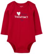 Heart Valentine's Day Ribbed Long-Sleeve Bodysuit - Red, image 1 of 3 slides