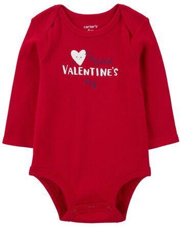 Heart Valentine's Day Ribbed Long-Sleeve Bodysuit - Red, 