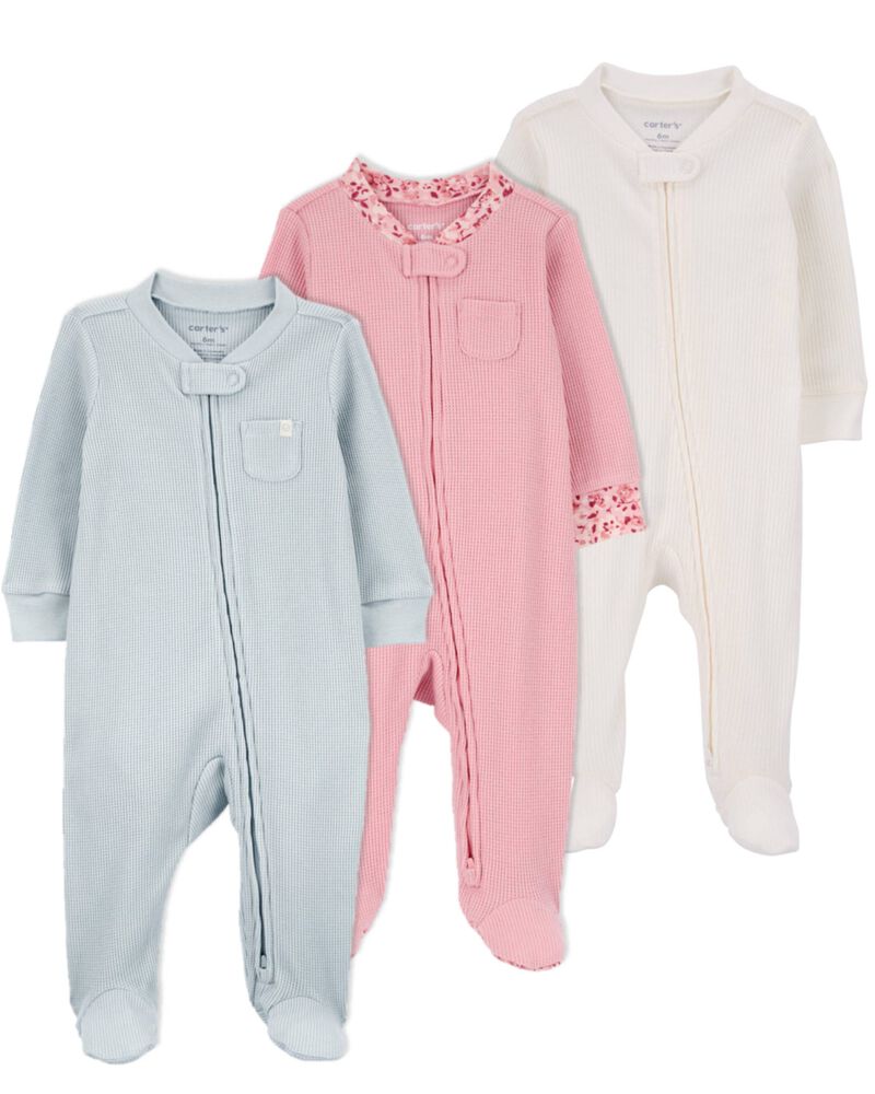 Baby 3-Pack 2-Way Zip Thermal Textured Sleep & Play Pajamas, image 1 of 7 slides