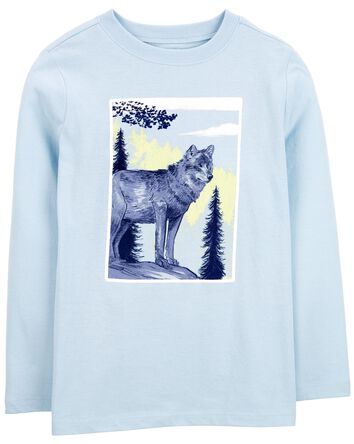 Wolf-Print Long-Sleeve Graphic Tee - Blue, 