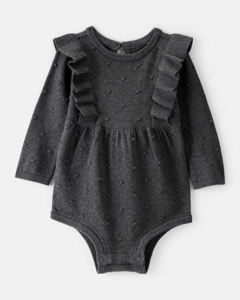 Baby Girl Ruffle Cotton Long-Sleeve Bodysuit - Grey, image 1 of 3 slides