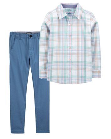 Kid 2-Piece Button-Front Shirt & Slim Stretch Chino Pants Set, 
