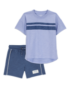 Toddler 2-Piece Striped Short-Sleeve Tee & Pull-On Shorts Set - Blue, image 1 of 8 slides