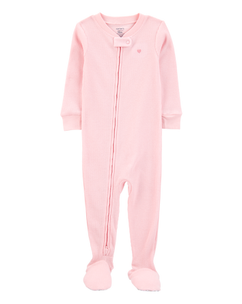 Baby Girl Heart Waffle Knit Footie 1-Piece Pajamas - Pink, 