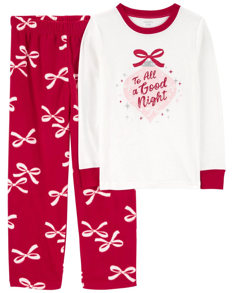 Kid 2-Piece Christmas Bow Cotton & Fleece Pajamas, image 1 of 3 slides