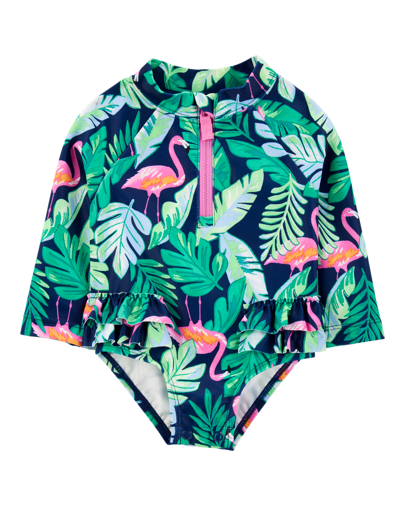 Baby 1-Piece Tropical Flamingo Long-Sleeve Rashguard Swimsuit, image 1 of 5 slides