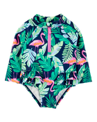Baby 1-Piece Tropical Flamingo Long-Sleeve Rashguard Swimsuit, image 1 of 5 slides