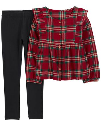 Kid 2-Piece Plaid Flannel Top & Stretch Leggings, 