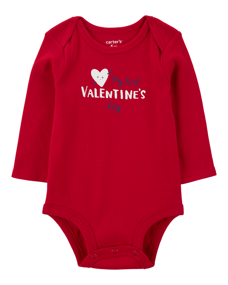 Baby Heart Valentine's Day Ribbed Long-Sleeve Bodysuit - Red, image 1 of 3 slides
