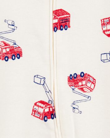 Baby Fire Truck Print 2-Way Zip Cotton Sleep & Play Pajamas - Cream, 