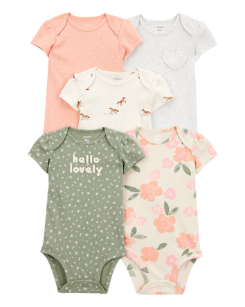 Baby 5-Pack Floral Horses Short-Sleeve Cotton Bodysuits, 