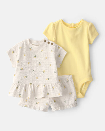 Baby Girl 3-Piece Lemon Top, Bodysuit & Short Set - Yellow/Ivory, 
