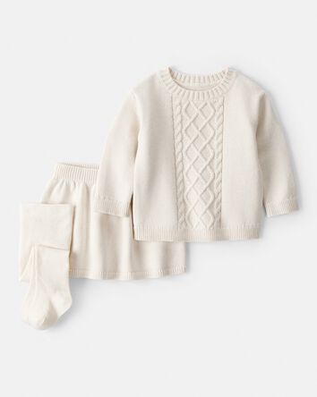Baby Girl 3-Piece Cableknit Long-Sleeve Top & Skirt Set - Cream, 