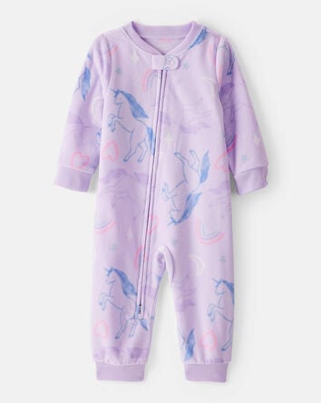 Toddler Girl Unicorn Print Loose Fit Long-Sleeve 2-Way Zip 1-Piece Pajamas - Purple, 