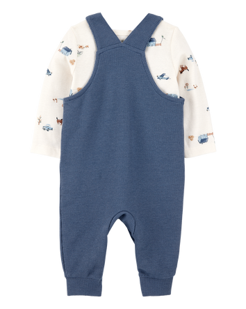 Baby 2-Piece Long-Sleeve Tee & Waffle Knit Coverall Set - Blue/White, 