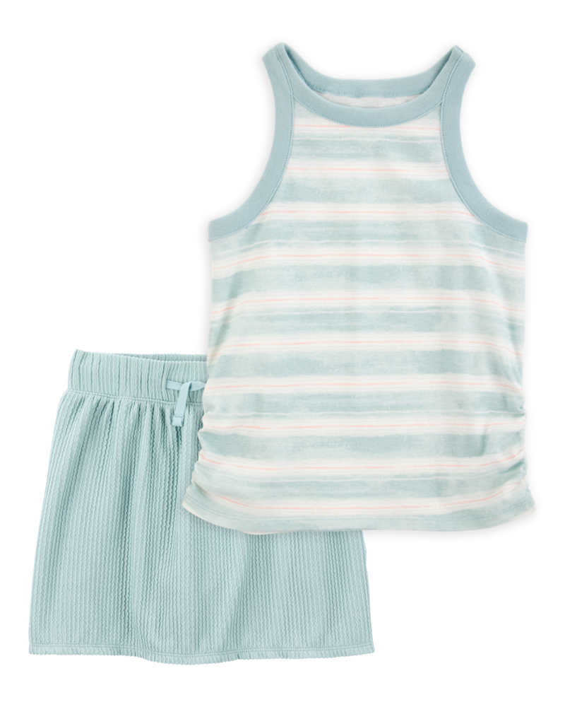 Kid 2-Piece Ribbed Tank Top & Textured Drawstring Skort Set - Green, image 1 of 6 slides