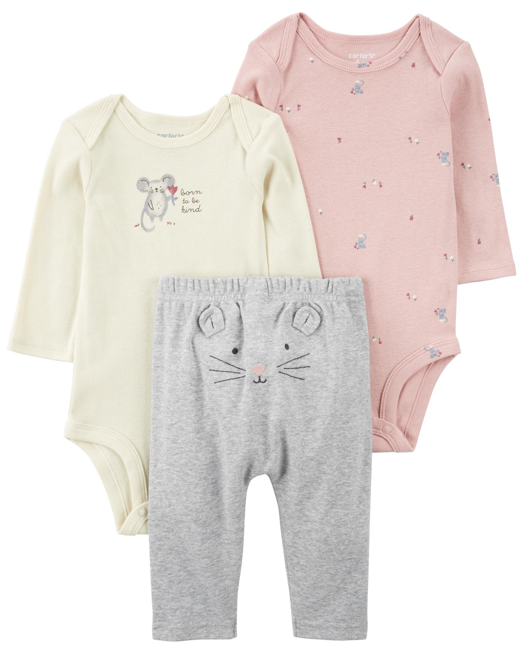 multi Baby Dusty Rose 3 Piece Bodysuit Pant Set carters