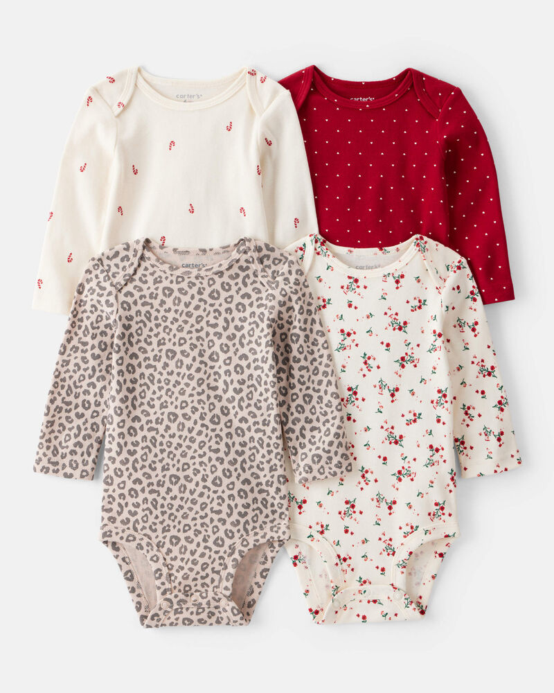 Baby Girl 4-Pack Leopard Print Cotton Long-Sleeve Multipack Bodysuits - Red/White, image 1 of 6 slides