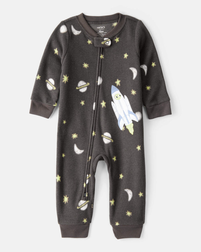 Baby Boy Spaceship Star Print Fleece Long-Sleeve Loose Fit 1-Piece Pajamas-Grey, image 1 of 4 slides