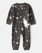 Baby Boy Spaceship Star Print Fleece Long-Sleeve Loose Fit 1-Piece Pajamas-Grey, image 1 of 4 slides