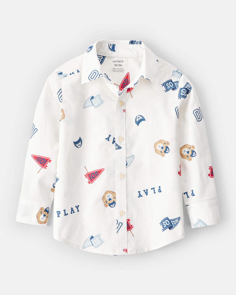 Toddler Boy Varsity Bear Print Long-Sleeve Button-Down Shirt - White, image 1 of 3 slides