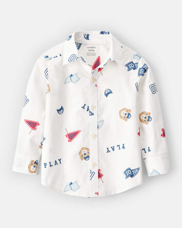 Toddler Boy Varsity Bear Print Long-Sleeve Button-Down Shirt - White, 