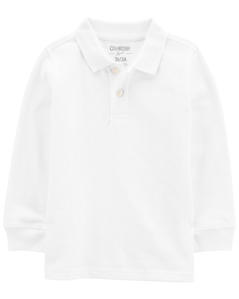 Toddler White Long-Sleeve Piqué Polo Shirt, image 1 of 3 slides