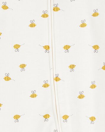 Baby Bee Print 2-Way Zip Cotton Sleep & Play Pajamas - Cream, 