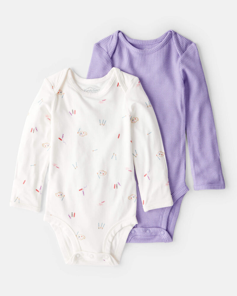 Baby Girl Paint Print PurelySoft Long-Sleeve Multipack Bodysuits - White/Purple, image 1 of 7 slides