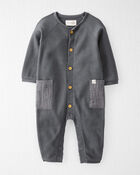 Baby Waffle Knit Button-Front Jumpsuit Made with Organic Cotton in Gravel Grey, image 1 of 4 slides