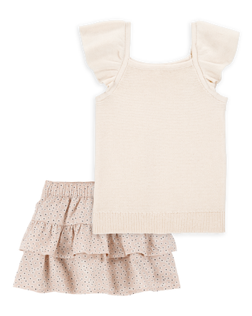 Toddler 2-Piece Flutter-Sleeve Rib Tank & Floral Ruffle Skort Set - Tan/White, 