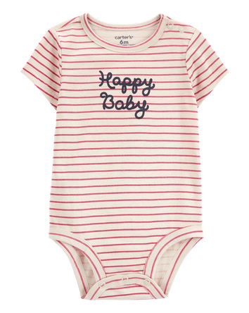Baby Striped "Happy Baby" Short-Sleeve Bodysuit - Red/Ivory, 