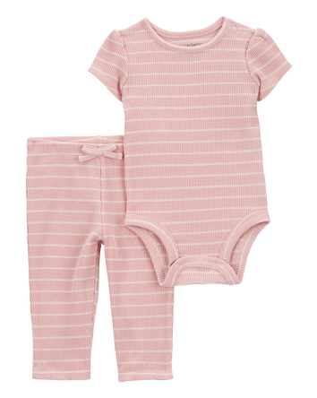 Baby 2-Piece Striped Short-Sleeve Waffle Knit Bodysuit Pant Set, 