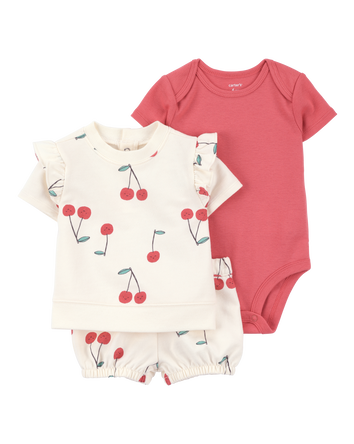Baby Girl 3-Piece Cherry Outfit Set - Red/Ivory, 