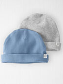 Blue, Grey - Baby 2-Pack Organic Cotton Rib Caps