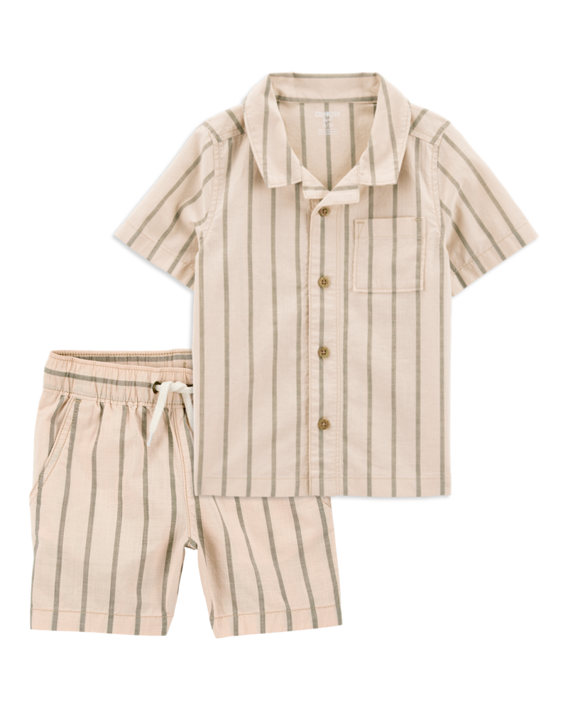 Toddler 2-Piece Striped Button-Down Shirt & Drawstring Shorts Set - Khaki, image 1 of 10 slides