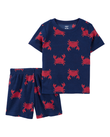 Toddler Boy Crab Print Loose Fit Waffle Knit 2-Piece Pajamas - Navy, 