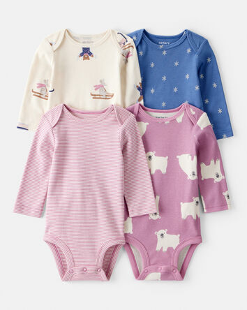 Baby Girl 4-Pack Polar Bear Print Cotton Long-Sleeve Multipack Bodysuits - White/Purple/Blue, 