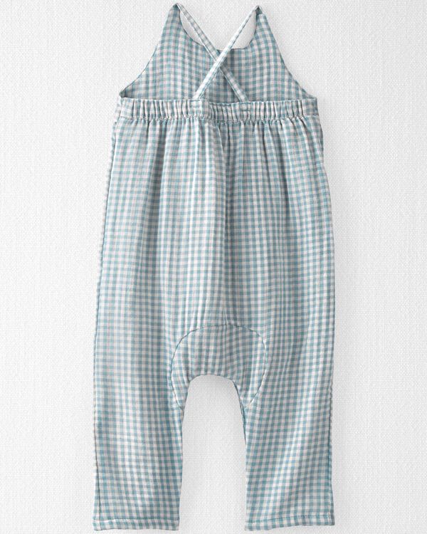Blue Baby Gingham Print Organic Cotton Gauze Jumpsuit
