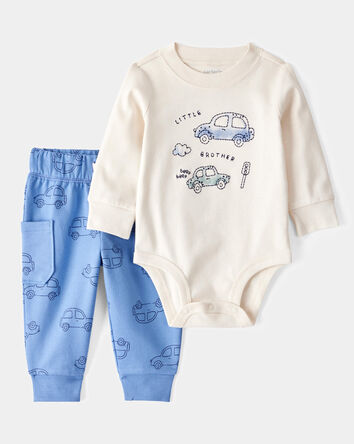 Baby 2-Piece Car Little Brother Long-Sleeve Bodysuit Pant Set - White/Blue, 