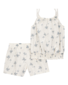 Kid 2-Piece Palm Tree Floral Short Set - Ivory, image 1 of 3 slides