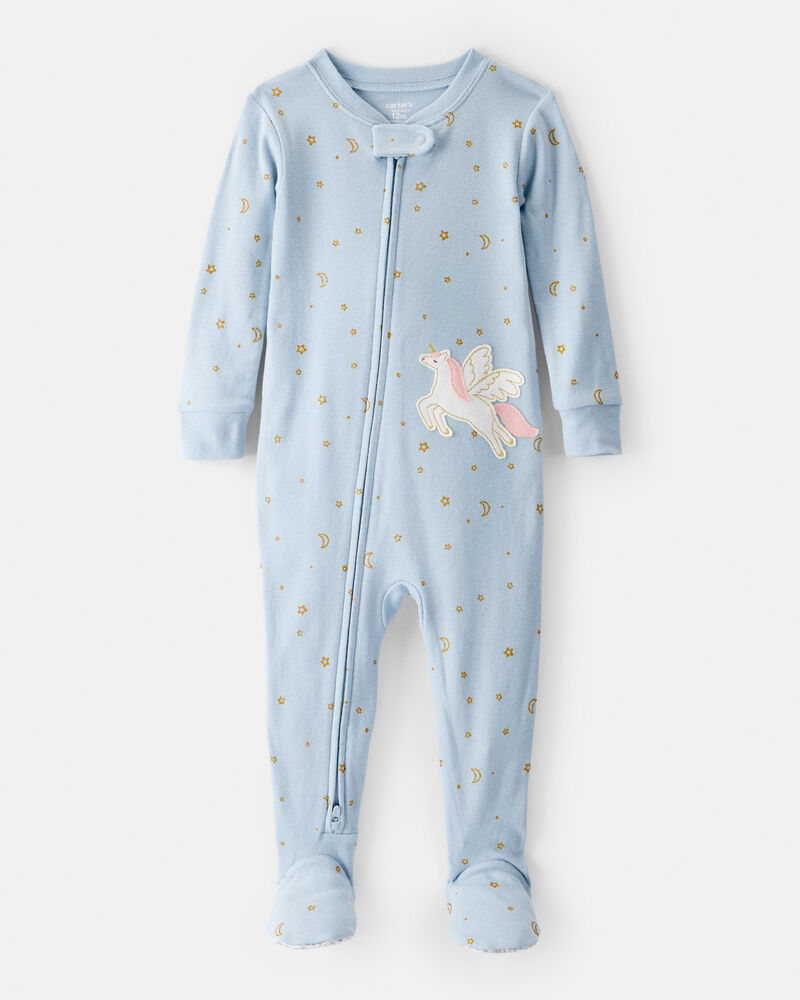 Toddler Girl Unicorn 100% Cotton 2-Way Zip 1-Piece Pajamas, image 1 of 4 slides