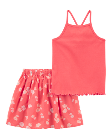 Kid 2-Piece Ribbed Tank & Floral Skort Set - Orange, 